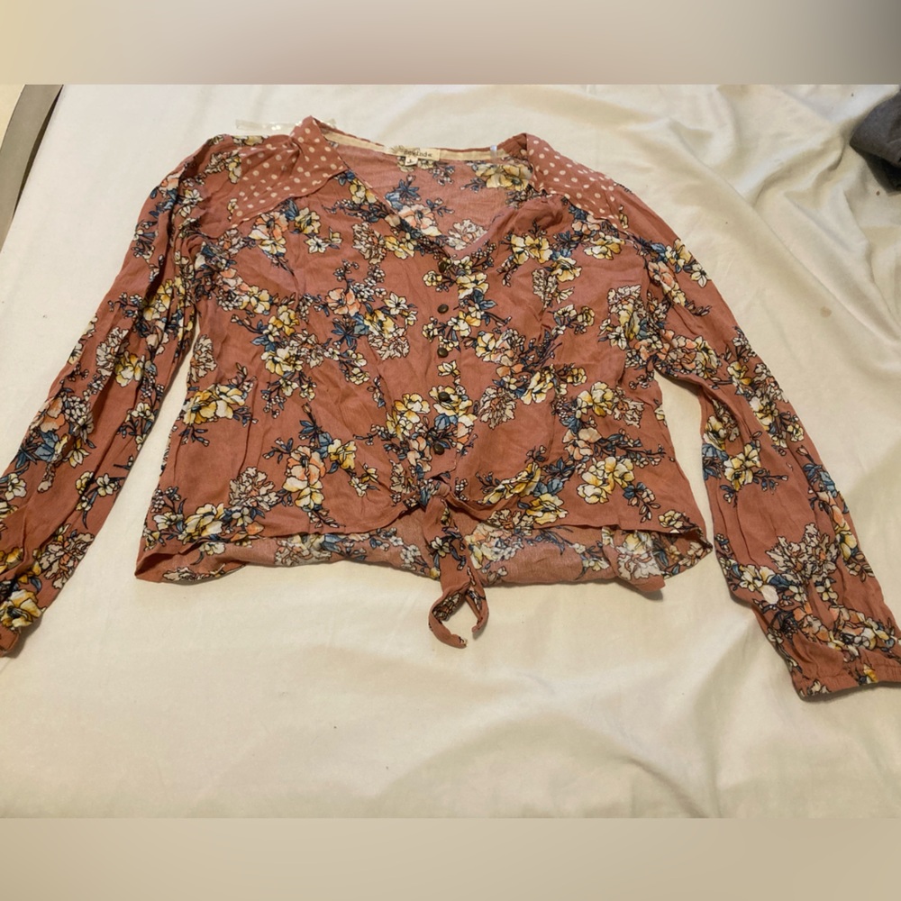 Rewind Blouse Juniors Size Large Floral Tie Knot Long Sleeve Pink
